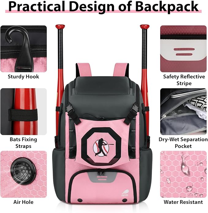 Baseball Backpack Softball Bat Bag for Youth Adults Baseball T-Ball Equipment Bag with Shoes Compartment
