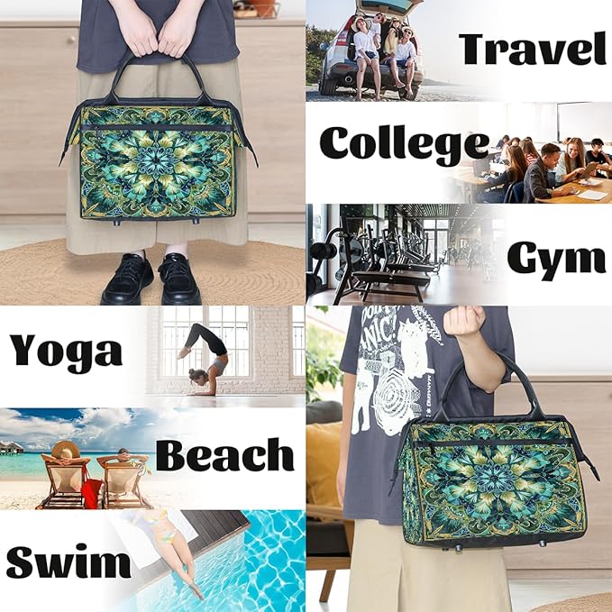 Travel Duffle Bag, Turquoise Mandala Flower Overnight Weekender Tote Bag for Women Men Waterproof Carry On Luggage with Zipper Lightweight Sport Gym Bag for Traveling Yoga Camping Traveling Gifts