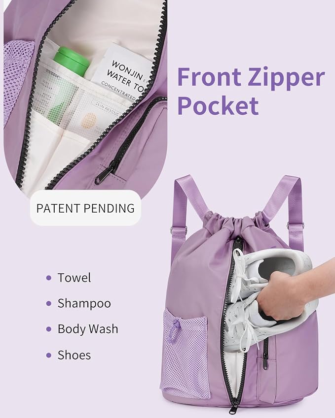 WANDF Drawstring Backpack Sports Gym Bag with Shoes Compartment, Water-Resistant String Beach Sackpack Swim Bag for Women and Men (Lilac Purple) | Water-Resistant, Swim Bag