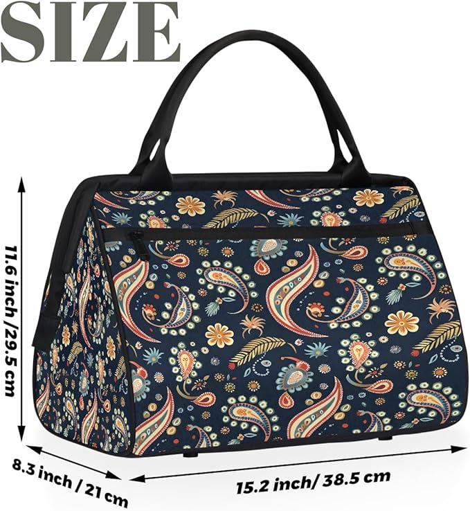 Travel Duffle Bag, Ethnic Paisley Flower Overnight Weekender Tote Bag for Women Men Waterproof Carry On Luggage with Zipper Lightweight Sport Gym Bag for Traveling Yoga Camping Traveling Gifts