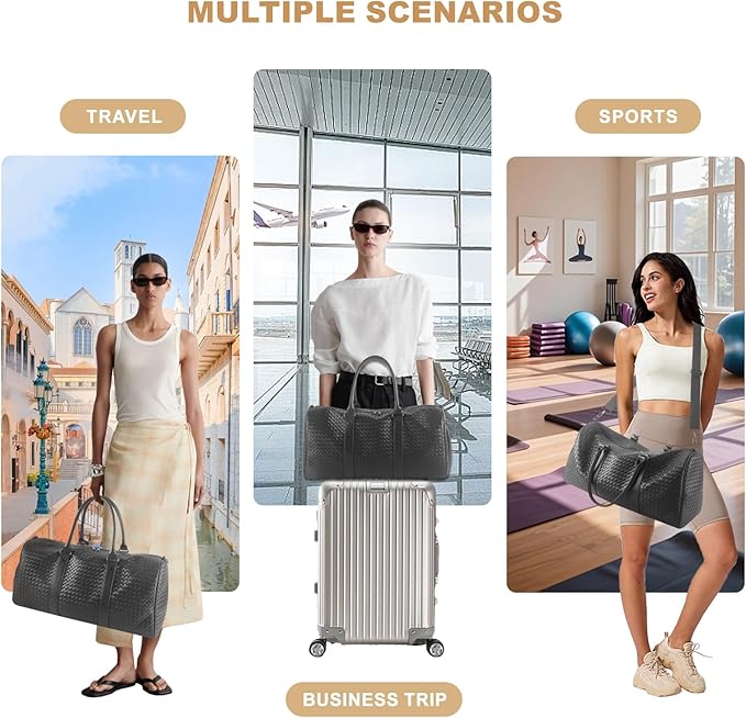 Weekender Bags for Women Woven Leather Travel Duffel Bag with Shoe Compartment, Carry On Garment Bag for Men Women, Large Capacity Water-resistant Gym Tote (Gray)