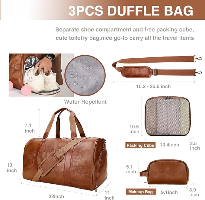 3-in-1 Leather Duffle Bag for Travel with Toiletry Bag and Shoe Compartment, Weekender Overnight Gym Bag for Men Women, Carry On Bag Fits 21 Inch Laptop