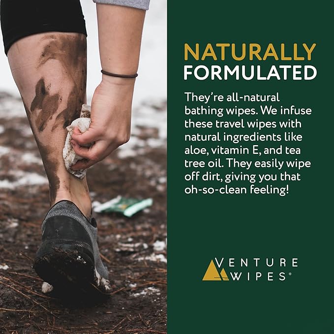 Venture Wipes Tea Tree Oil Body Wipes - Adventure Wipes for Adults - Biodegradable Cleansing With Aloe and Vitamin E - Camping Essentials - Individually Wrapped - 10 Count Bag