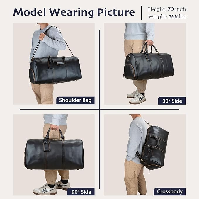 Leather Duffle Bags for Men with Shoe Compartment – 23.6" x 12.6" x 11" Travel Bag, Gym Bag, Also Suitable for Crossbody or Shoulder Carry, Black Large Size