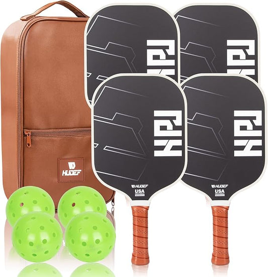 HUDEF USAPA Pickleball Paddles Set: Graphite & Fiberglass Honeycomb Core, 4 Outdoor Balls, PU Leather Carry Bag