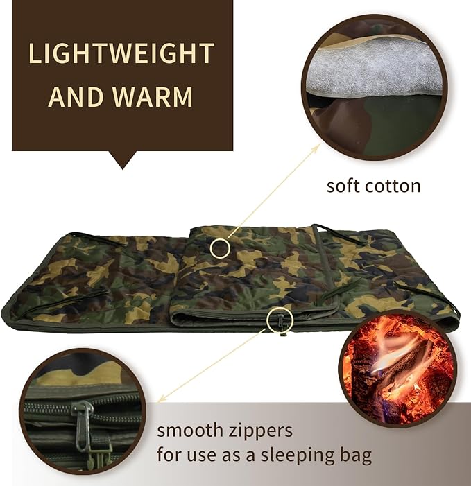 GRVCN Military Blanket - Camping Sleeping Bag with Zipper, Poncho Liner Thermal Insulated Blanket, Lightweight Portable Outdoor Hiking Survival Compression Carry Bag