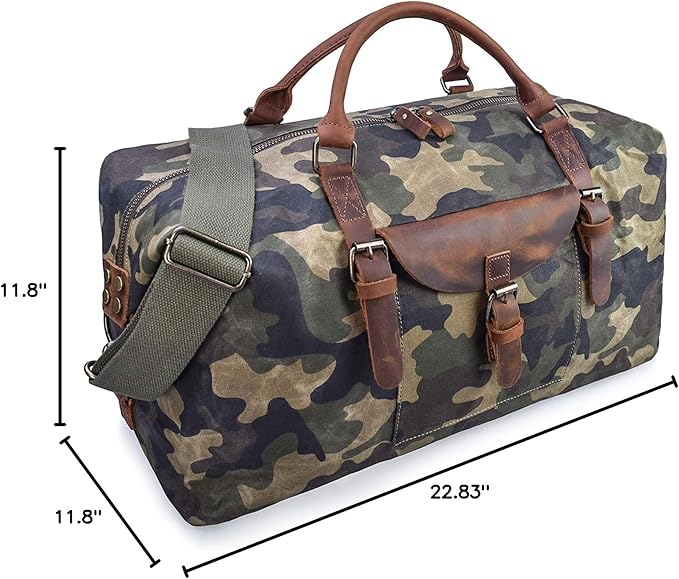 Oversized Travel Duffel Bag Waterproof Canvas Genuine Leather Weekend bag Weekender Overnight Carryon Hand Bag Camo