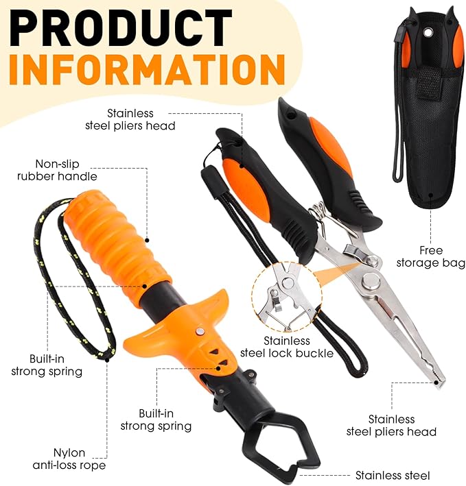 Eccliy 6 Pcs Fishing Tackle Bag Backpack with Rod Holders, Tackle Box, Fishing Pliers Kit and Fish Lip Gripper, Fish Gear and Equipment Fisherman Gift for Men Women