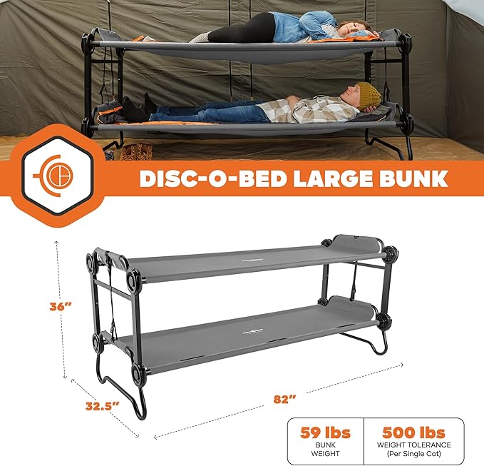 Disc-O-Bed Large Outdoor Convertible 2 Person Bench and Double Camping Cot Portable Bed Bunk System for Adults, Grey