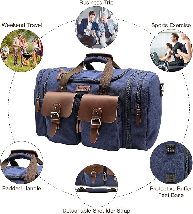 Wildroad 60L Travel Duffel Bag, Expandable Canvas Genuine Leather Duffle Bag Upgraded Overnight Weekender Bag Carry on Bag