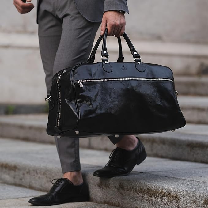 Leather Duffel Bag Full Grain Leather Travel Bag Weekend Bag Gym - Time Resistance (Black)