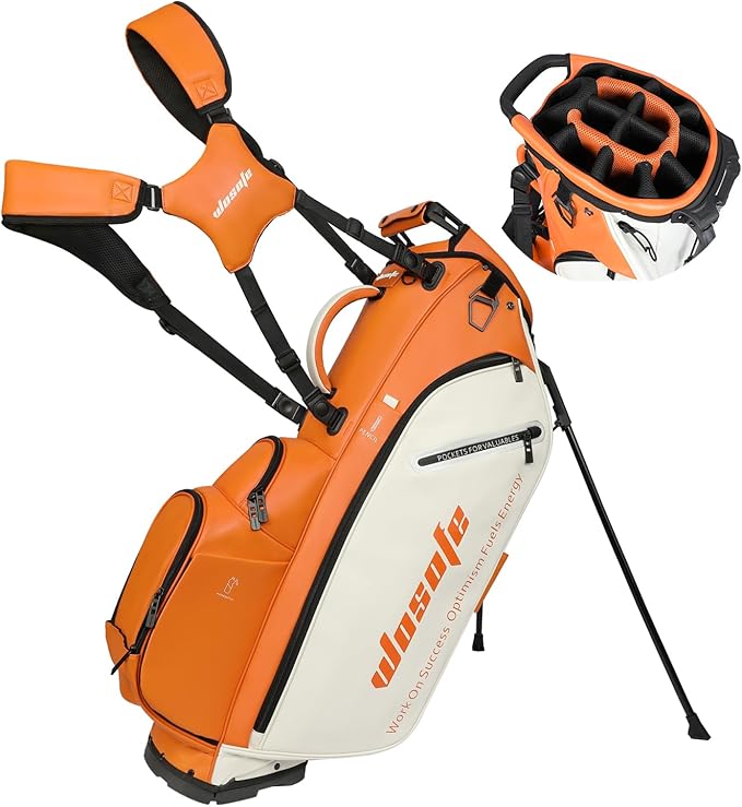 WOSOFE PU Golf Bag with 6/14 Way Top Dividers Automatically Adjustable Dual Straps Elegant Design for Men Women Pu Golf Stand Bag with Multiple Pockets
