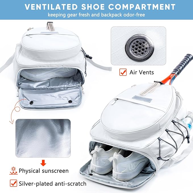 Tennis Backpack with 2 Rackets Holder, Water-Resistant PU Leather Tennis Racket Bag for Women & Men, Sling Crossbody Sports Backpack for Tennis, Pickleball & Badminton, Tennis Gifts