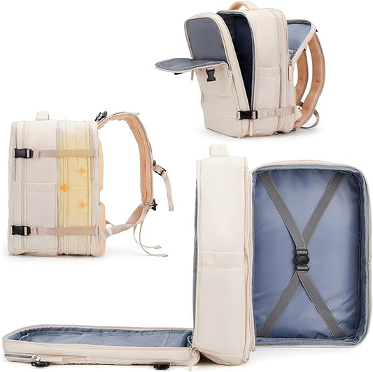 coowoz Large Travel Backpack For Women Men, Carry On Backpack,Hiking Backpack Waterproof Outdoor Sports Rucksack Casual Daypack Expandable Heavy Duty Extra large Backpack Beige Expansion