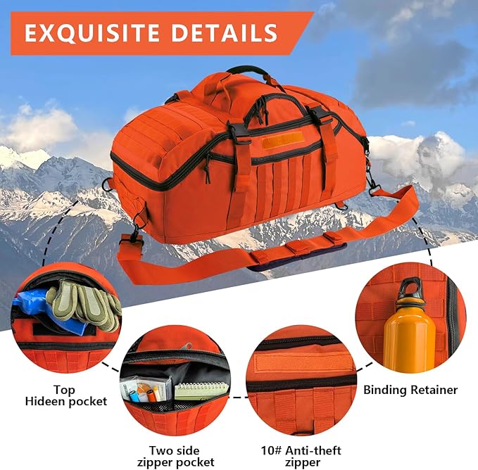 65L Large Duffle Bag, 3-in-1 Tactical Backpack MOLLE Pack for Sports, Gym, Outdoor, Orange