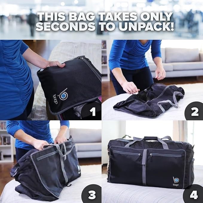 Bago Large Foldable Duffel Bags for Traveling Women & Men - 100L Packable Duffle Bag for Travel with Shoe Compartment - Water Repellant, Heavy Duty, Lightweight Folding & Collapsible (Blue)