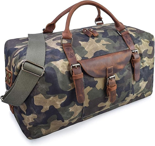 Oversized Travel Duffel Bag Waterproof Canvas Genuine Leather Weekend bag Weekender Overnight Carryon Hand Bag Camo