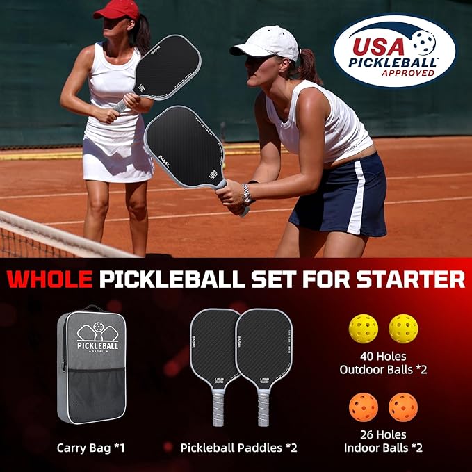 BAGAIL Pickleball Paddles, USAPA Approved Fiberglass Surface Pickleball Set, Lightweight Pickle Ball Rackets with 4 Balls, 1 Bag, Designed in California for Traction and Stability