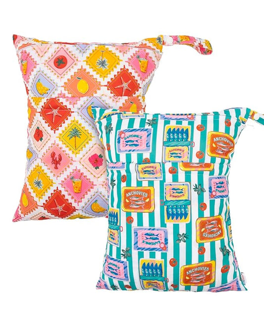 ALVABABY 2pcs Cloth Diaper Wet Dry Bags Waterproof Reusable with Two Zippered Pockets Travel Beach Pool Daycare Soiled Baby Items Yoga Gym Bag for Swimsuits or Wet Clothes 2LM22