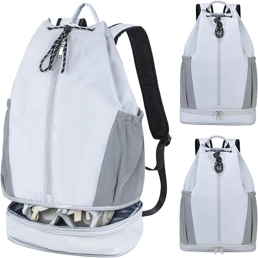 mygreen Gym Drawstring Backpack with Shoe Compartment – Waterproof Sports Bag, Lightweight & Breathable for Gym, Travel, Yoga | Large Capacity, Foldable Design Grey
