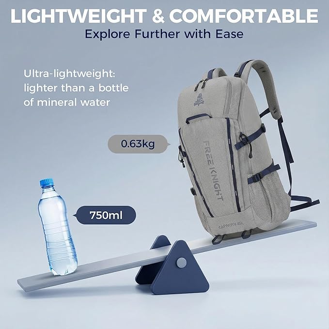 Bseash 45L Waterproof Hiking Camping Backpack with Rain Cover, Outdoor Sport Travel Bag Daypack for Climbing Skiing Cycling (Gray)