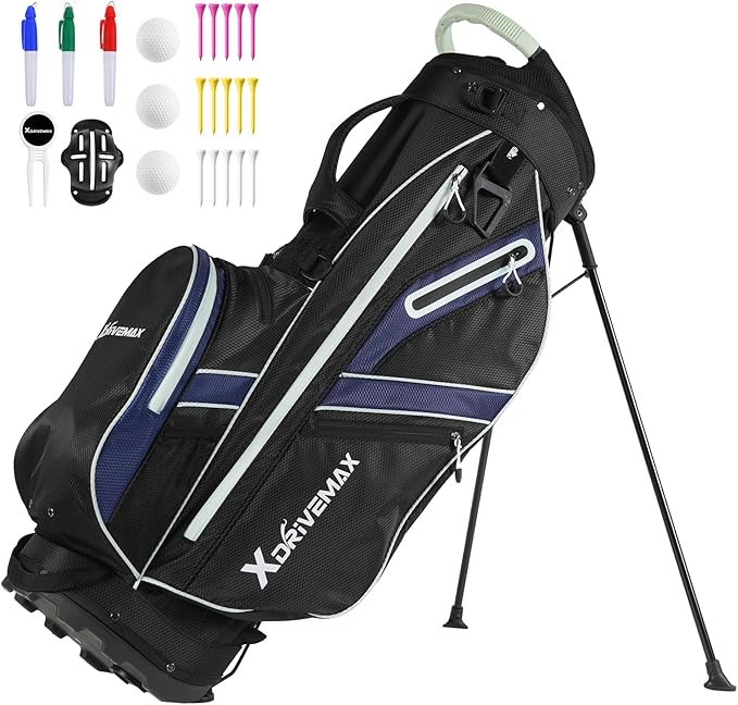 XDriveMax Golf Stand Bag, Lightweight 8-Way Top Dividers Golf Bag with Insulated Cooler Pocket, Dual Strap System & Rain Cover, Includes Golf Accessory Kit
