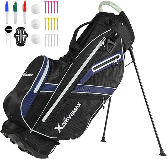 XDriveMax Golf Stand Bag, Lightweight 8-Way Top Dividers Golf Bag with Insulated Cooler Pocket, Dual Strap System & Rain Cover, Includes Golf Accessory Kit