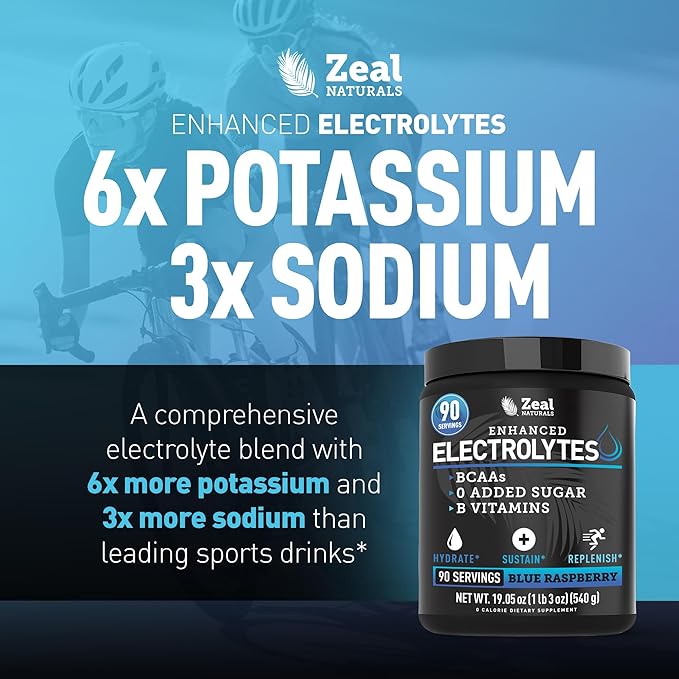Zeal Electrolyte Powder - 90 Servings | Keto Electrolytes Powder | Zero Sugar, BCAAs, B-Vitamins | Potassium, Zinc, Magnesium | Hydration Powder Recovery Drink | Blue Raspberry
