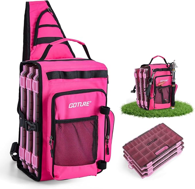 Goture OpenSide Tactical Sling Tackle Bag with 3 3700 Tackle Trays, Lightweight Fishing Backpack Storge Gear-Pink Bag Outdoor,Gift for women
