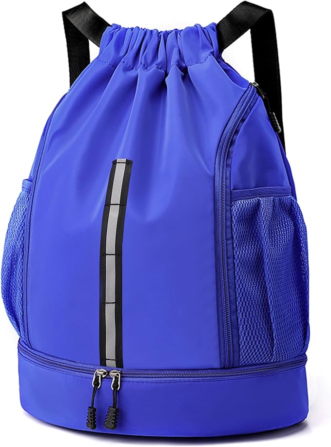 Sport Gym Bag Drawstring Backpack Beach Bag for Men Women with Shoe Compartment and Reflective Strips (Blue)