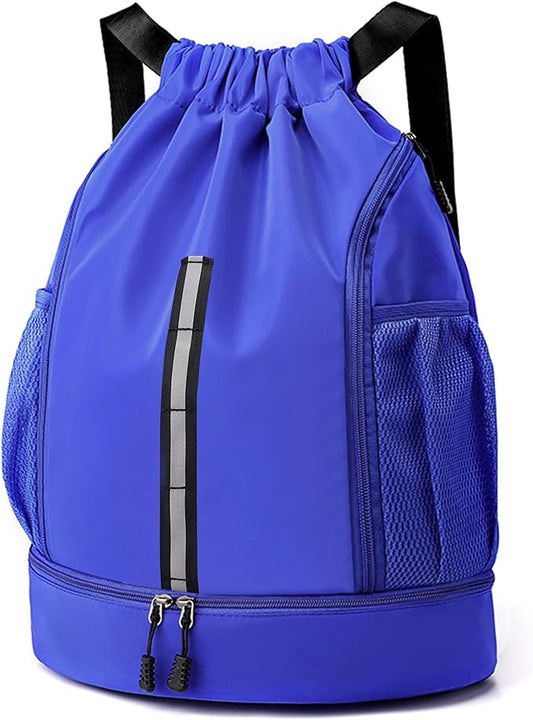 Sport Gym Bag Drawstring Backpack Beach Bag for Men Women with Shoe Compartment and Reflective Strips (Blue)