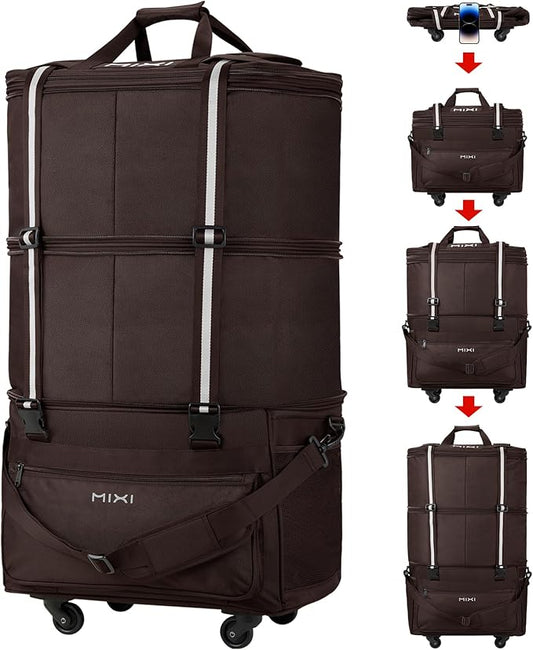 mixi Travel Bag with Wheels Expandable Foldable Luggage Bag Collapsible Rolling Travel Duffel Bags Large Capacity Suitcase for Men Women, Brown