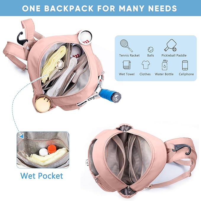 Tennis Backpack with 2 Rackets Holder, Water-Resistant PU Leather Tennis Racket Bag for Women & Men, Sling Crossbody Sports Backpack for Tennis, Pickleball & Badminton, Tennis Gifts