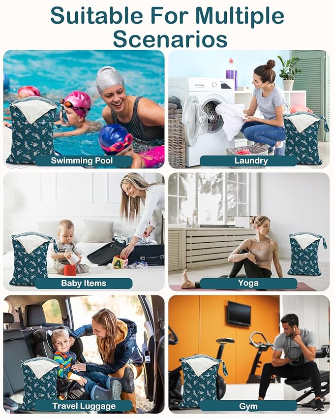 ALVABABY 3pcs Cloth Diaper Wet Dry Bags Waterproof Reusable with Two Zippered Pockets Travel Beach Pool Daycare Soiled Baby Items Yoga Gym Bag for Swimsuits or Wet Clothes 3L-ZM31