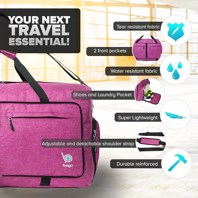 Bago Large Foldable Duffel Bags for Traveling Women & Men - 120L Packable Duffle Bag for Travel with Shoe Compartment - Water Repellant, Heavy Duty, Lightweight Folding & Collapsible (SnowPink)