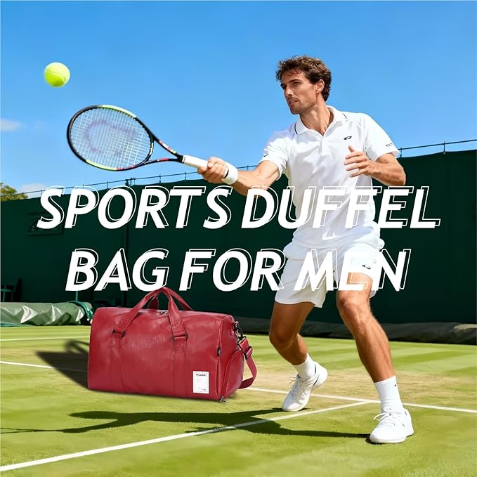 Leather Travel Bag with Shoes Compartment & Wet Pocket, Sports Gym Tote Bag Travel Duffel for Men & Women, Overnight Weekender Bag Waterproof Leather Large Carry On Bag