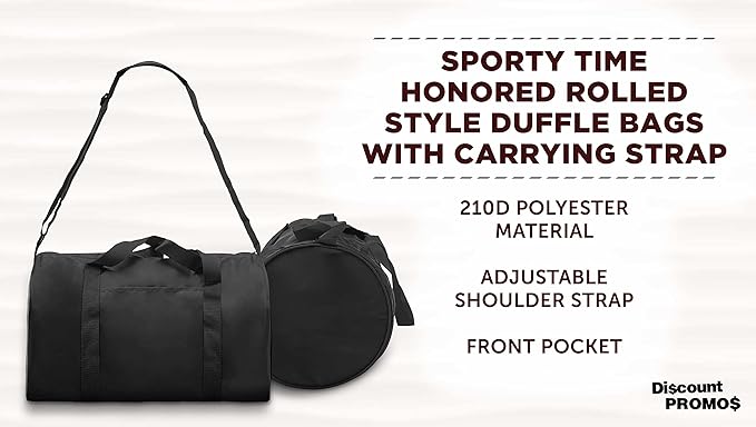 6 Sporty Duffle Bags Set - Polyester, Adjustable Strap, Front Pocket, Roll Styling - Black
