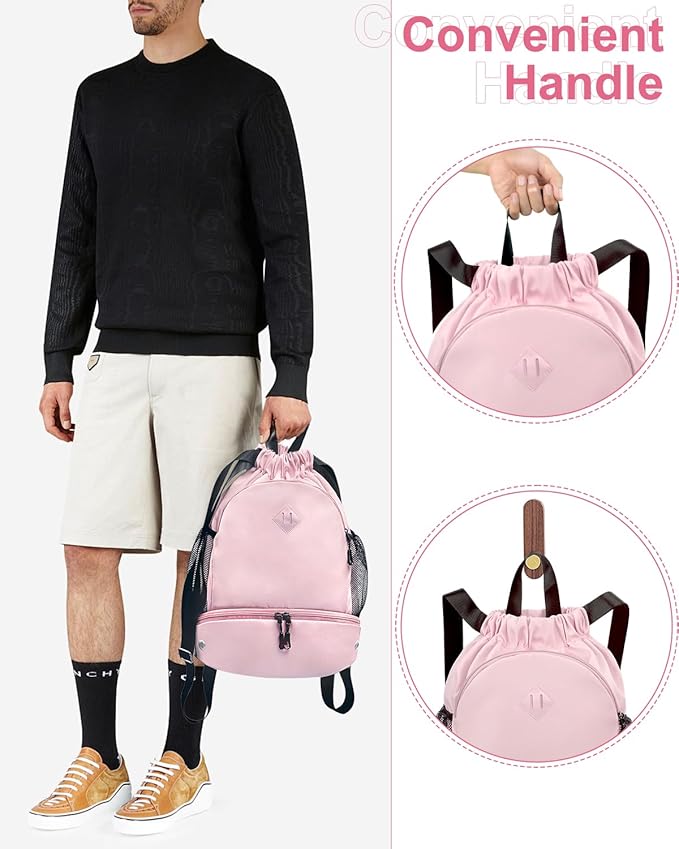 Drawstring Backpack Gym Backpack with Shoe Compartment for Men Women String Sports Bag with Wet Pocket Cinch Swim Beach Bag, Pink (Patent Pending)