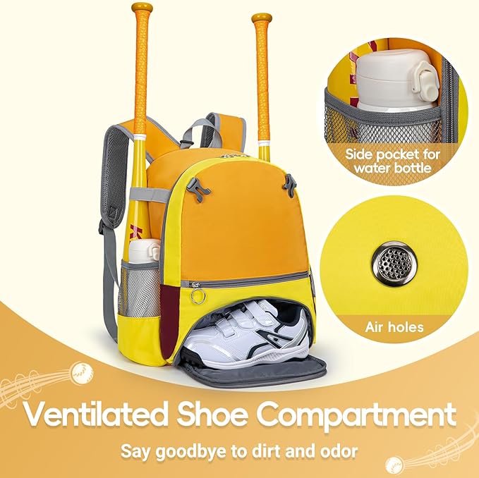 2025 Youth Baseball & Softball Bag | Ultra-Light Tball Backpack with Shoe Compartment & Helmet Holder | Skin-Soft Fabric