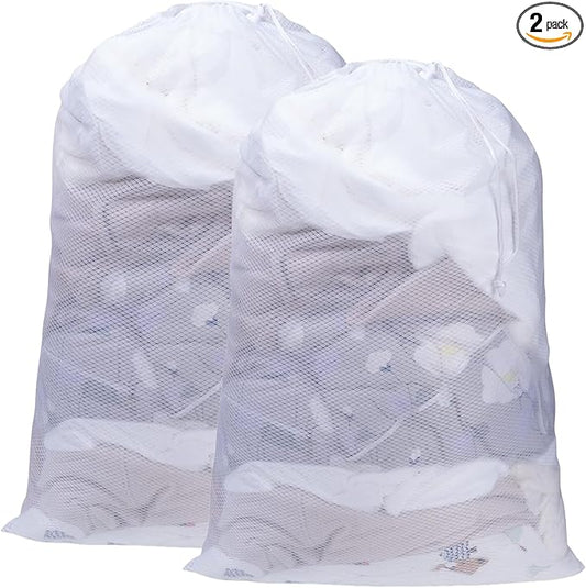 2 Pack Mesh Laundry Bags, 23 x 34 Inches Heavy Duty Mesh Laundry Bag, Large Laundry Drawstring Bag for College, Dorm, Travel, Family and Apartment Dwellers (white)