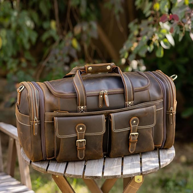 Polare 23" Expandable to 29'' Duffel Retro Thick Full Grain Cowhide Leather Gym Weekender Overnight Luggage Bag For Men