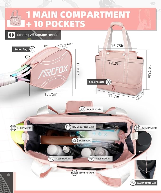 ARCFOX Tennis Racket Bag 2-in-1 Large Capacity Tennis Racket Backpack for Women and Men, Water-Resistant Lightweight Tennis Crossbody Bag for Pickleball Paddles, Badminton Squash Racquet