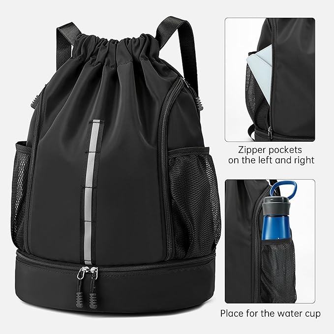Sport Gym Bag Drawstring Backpack Beach Bag for Men Women with Shoe Compartment and Reflective Strips (Black)