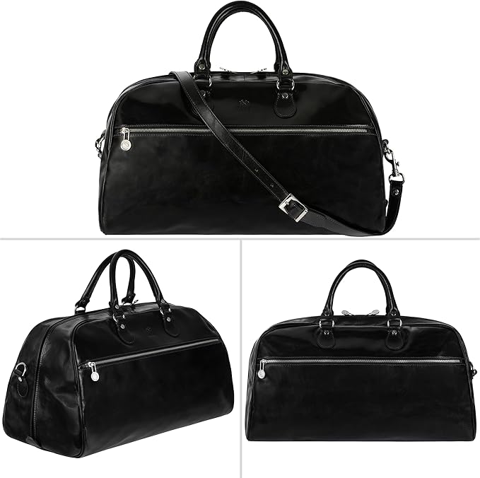 Leather Duffel Bag Full Grain Leather Travel Bag Weekend Bag Gym - Time Resistance (Black)