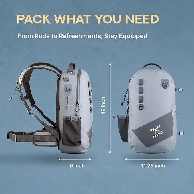 Xelfly - Waterproof Fishing Backpack with Rod Holder, Inflatable Air Valve, Padded Waist Straps & Gear Loops - Submersible Zipper, Rugged Top Handle, Adjustable Attachments (Gray)