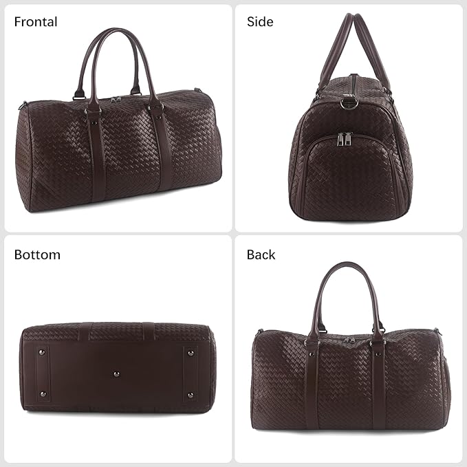 Weekender Bags for Women Woven Leather Travel Duffel Bag with Shoe Compartment, Carry On Garment Bag for Men Women, Large Capacity Water-resistant Gym Tote (Coffee)