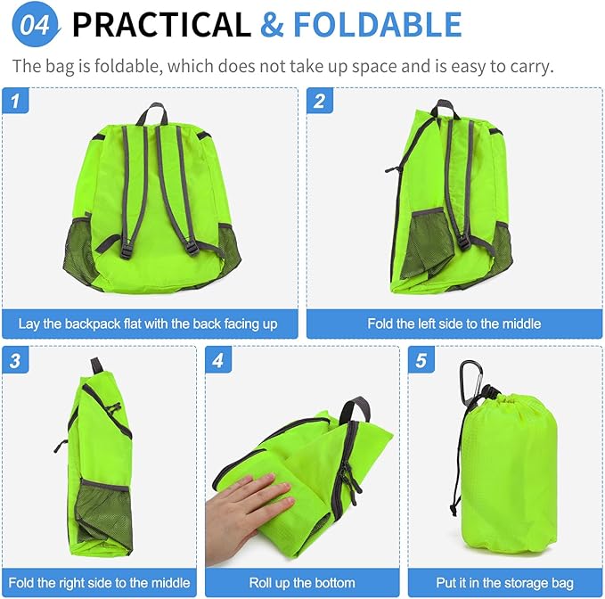 Hiking Backpack, 20L Packable Daypack for Men Women, Nylon with Adjustable Straps, Lightweight Waterproof Outdoor Camping Travel, Green