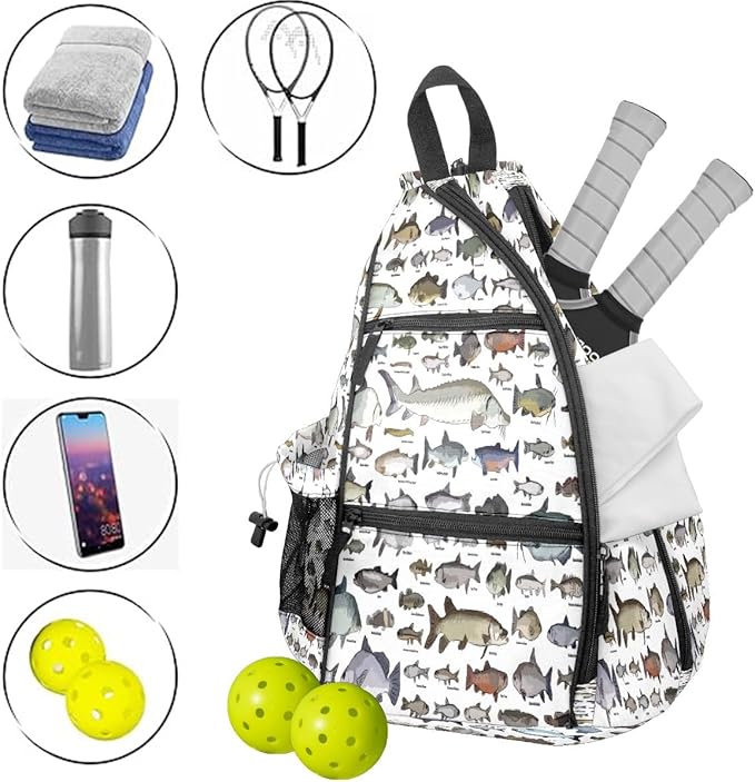 Pickleball Bag Sea Fish Pickle Ball Backpack for Women Men Premium Lightweight Crossbody Sling Bag Sports Backpack for Pickleball Paddle Tennis