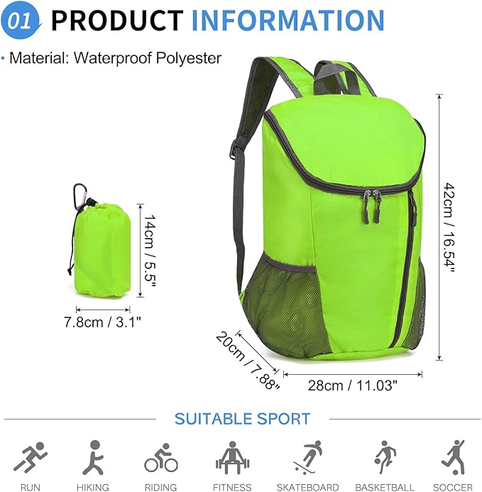 Hiking Backpack, 20L Packable Daypack for Men Women, Nylon with Adjustable Straps, Lightweight Waterproof Outdoor Camping Travel, Green