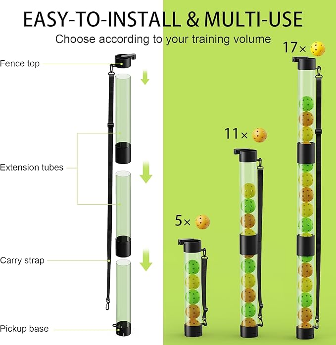 17 Balls Pickleball Ball Retriever & Ball Holder Storage with Strap, Back Saver for Pickleball Accessories, Quick for Pickleball Tube Ball Pickup